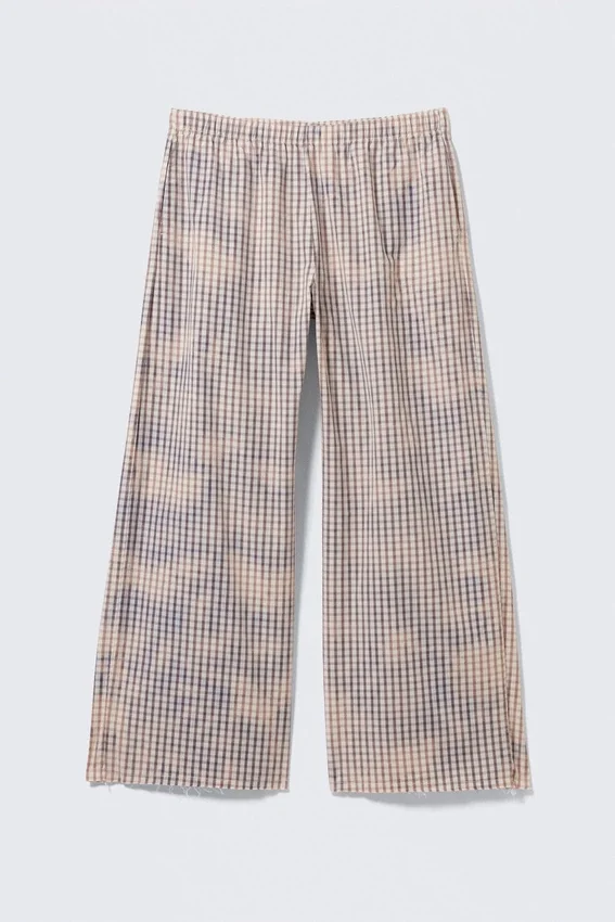 Lose sitzende Hose aus gebleichter Baumwolle – Blaues Karomuster – Bleich-Effekt Lose sitzende Hose aus gebleichter Baumwolle – Blaues Karomuster – Bleich-Effekt
