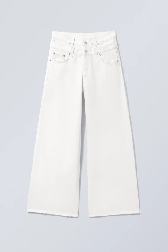 Lose, weit geschnittene Jeans mit doppeltem hohen Bund – Weiß Lose, weit geschnittene Jeans mit doppeltem hohen Bund – Weiß