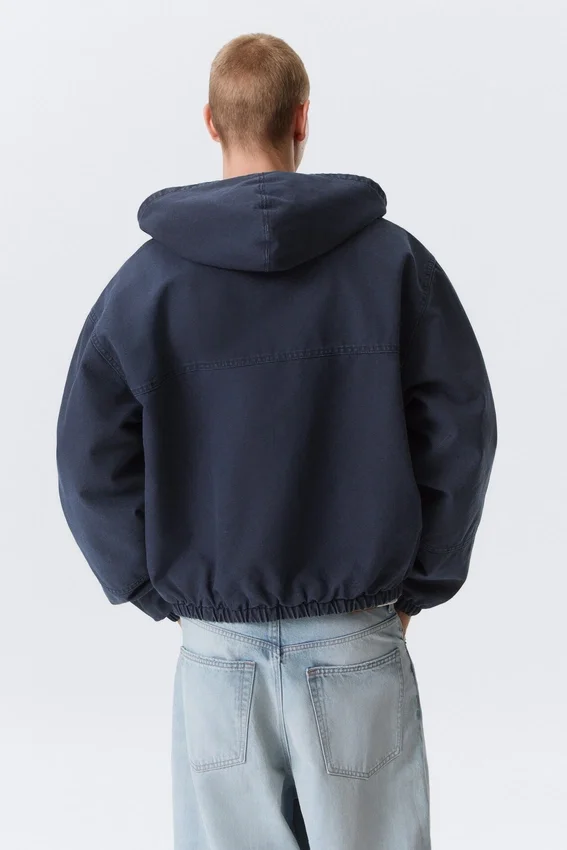 Lässige Bomberjacke mit Kapuze – gewaschenes Marineblau Lässige Bomberjacke mit Kapuze – gewaschenes Marineblau