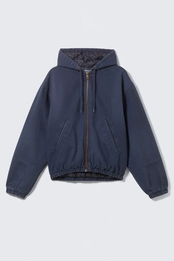 Lässige Bomberjacke mit Kapuze – gewaschenes Marineblau Lässige Bomberjacke mit Kapuze – gewaschenes Marineblau