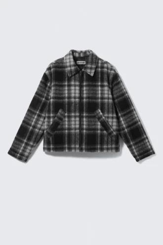 Lässige Jacke aus Wollmischung mit Reißverschluss – Schwarzes Karomuster