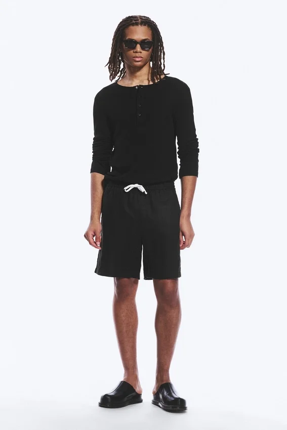 Lässige Leinen-Shorts mit Kordelzug – Schwarz Lässige Leinen-Shorts mit Kordelzug – Schwarz