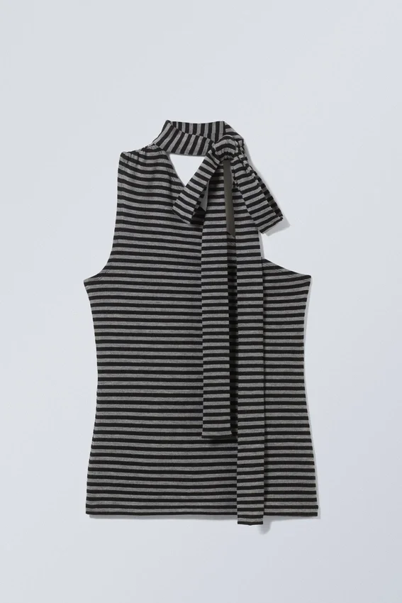 Lyocell-One-Shoulder-Top mit Bindeband – Grau gestreift Lyocell-One-Shoulder-Top mit Bindeband – Grau gestreift