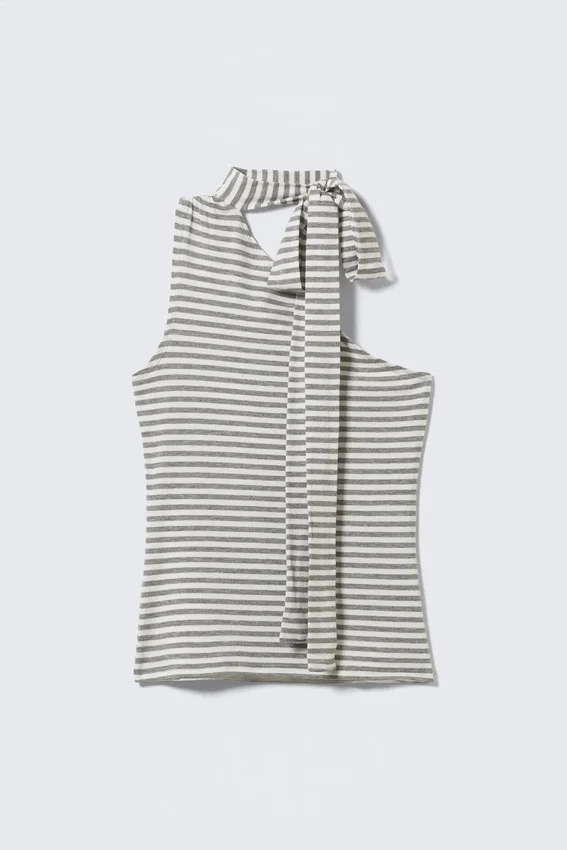 Lyocell-One-Shoulder-Top mit Bindeband – Grau-weiß gestreift Lyocell-One-Shoulder-Top mit Bindeband – Grau-weiß gestreift