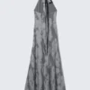 Maxi-Jacquard-Kleid mit Neckholder – Grau Maxi-Jacquard-Kleid mit Neckholder – Grau