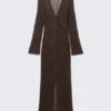 Maxi-Strickjacke mit V-Ausschnitt und offenem Strickmuster – Dunkelbraun Maxi-Strickjacke mit V-Ausschnitt und offenem Strickmuster – Dunkelbraun