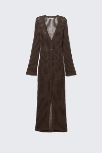 Maxi-Strickjacke mit V-Ausschnitt und offenem Strickmuster – Dunkelbraun