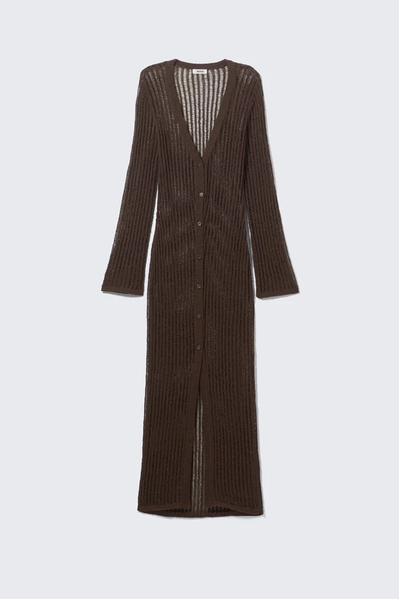 Maxi-Strickjacke mit V-Ausschnitt und offenem Strickmuster – Dunkelbraun Maxi-Strickjacke mit V-Ausschnitt und offenem Strickmuster – Dunkelbraun