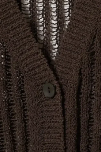 Maxi-Strickjacke mit V-Ausschnitt und offenem Strickmuster – Dunkelbraun