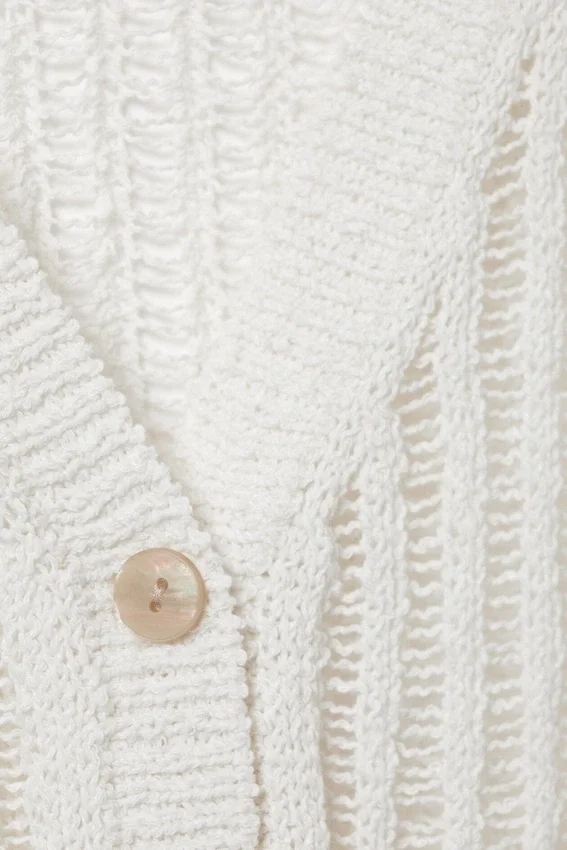 Maxi-Strickjacke mit V-Ausschnitt und offenem Strickmuster – Weiß Maxi-Strickjacke mit V-Ausschnitt und offenem Strickmuster – Weiß