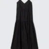 Maxikleid aus Baumwollpopeline mit Stufenschnitt – Schwarz