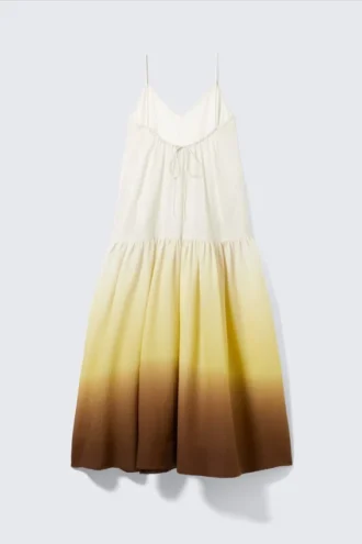 Maxikleid aus bedruckter Baumwolle mit Stufenschnitt – Weiß/Gelb/Braun – Farbverlauf