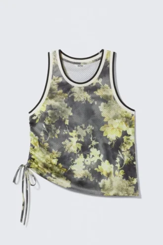 Mesh-Tanktop mit Kordelzug – Dunkles Blumenmuster