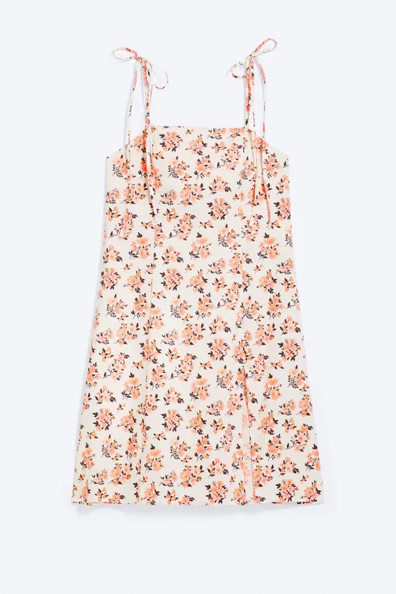 Midi-Kleid mit quadratischem Ausschnitt und Schlitz – Weiß – Rosa Blumenmuster Midi-Kleid mit quadratischem Ausschnitt und Schlitz – Weiß – Rosa Blumenmuster