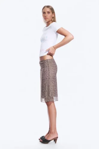 Midi-Rock aus mehrlagigem Mesh – Khaki/Burgunderrot – Blumenmuster