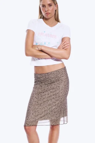 Midi-Rock aus mehrlagigem Mesh – Khaki/Burgunderrot – Blumenmuster