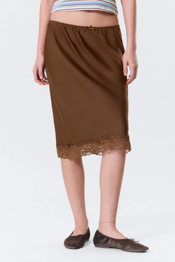 Midi-Rock aus Satin mit Spitze – Dunkelbraun Midi-Rock aus Satin mit Spitze – Dunkelbraun