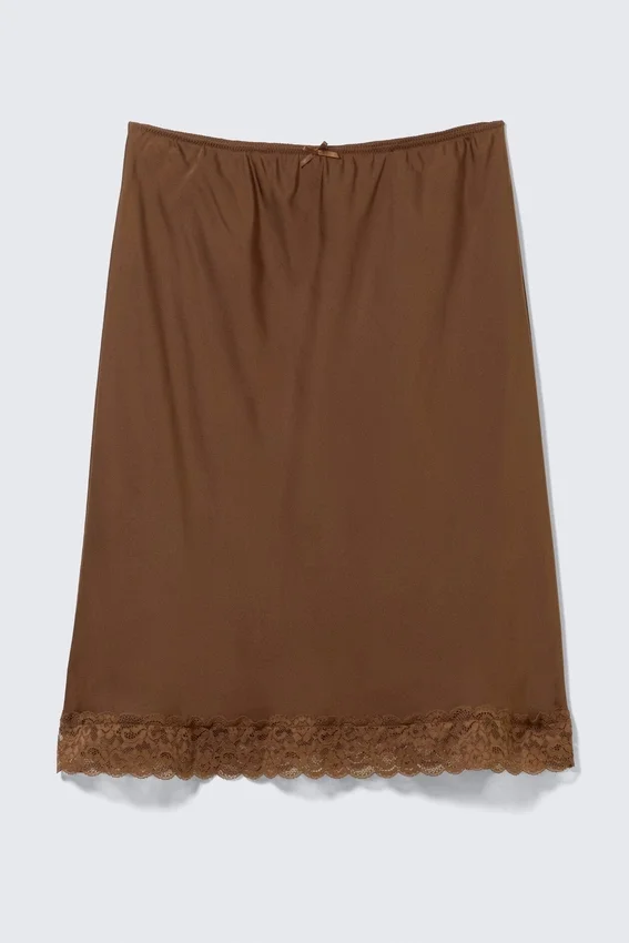 Midi-Rock aus Satin mit Spitze – Dunkelbraun Midi-Rock aus Satin mit Spitze – Dunkelbraun