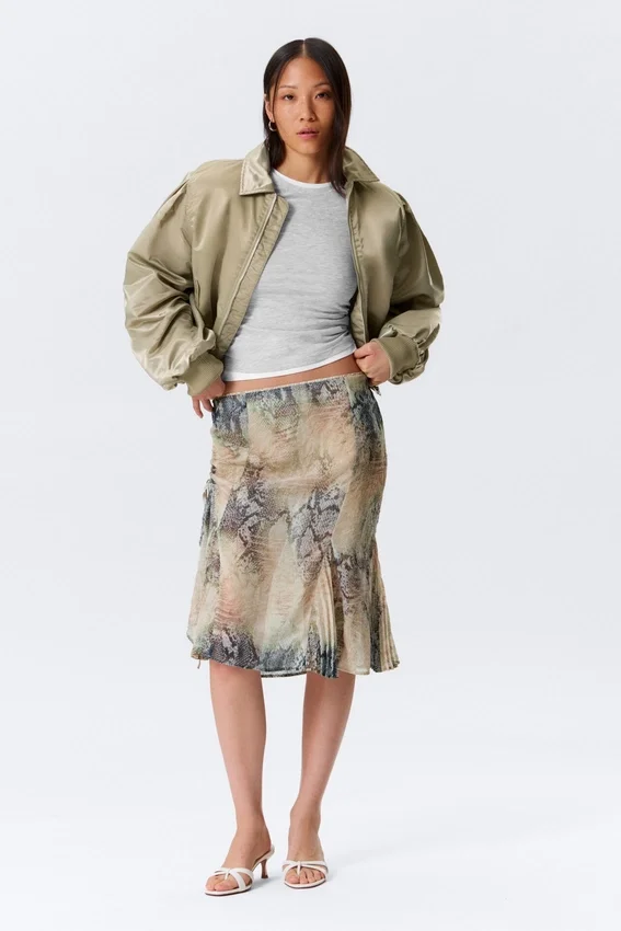 Midi-Rock mit niedriger Leibhöhe im Meerjungfrauen-Stil – Beige – Schlangenhautmuster Midi-Rock mit niedriger Leibhöhe im Meerjungfrauen-Stil – Beige – Schlangenhautmuster