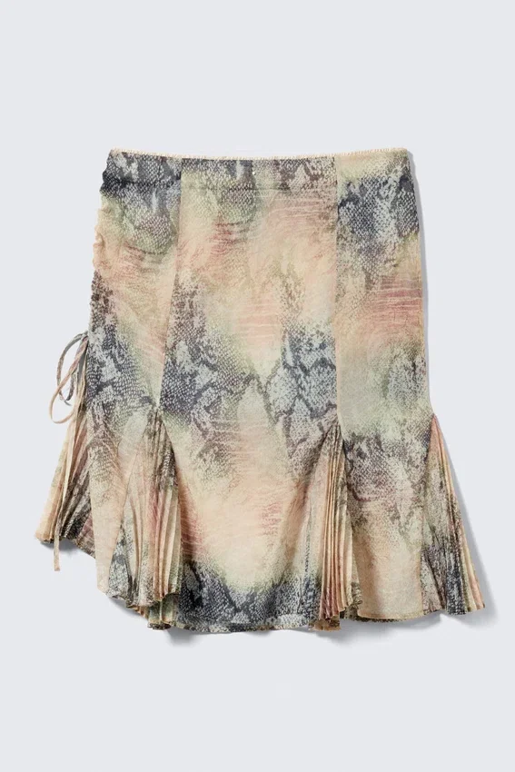 Midi-Rock mit niedriger Leibhöhe im Meerjungfrauen-Stil – Beige – Schlangenhautmuster Midi-Rock mit niedriger Leibhöhe im Meerjungfrauen-Stil – Beige – Schlangenhautmuster