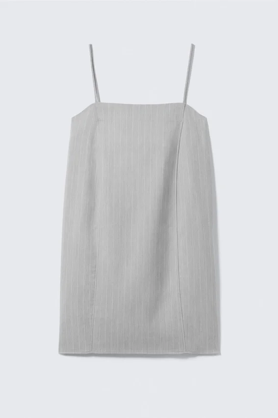 Mini-Kleid aus Twill mit Bindeband – Hellgrau – Nadelstreifen Mini-Kleid aus Twill mit Bindeband – Hellgrau – Nadelstreifen