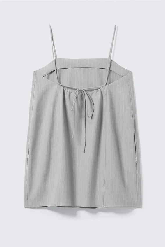 Mini-Kleid aus Twill mit Bindeband – Hellgrau – Nadelstreifen Mini-Kleid aus Twill mit Bindeband – Hellgrau – Nadelstreifen