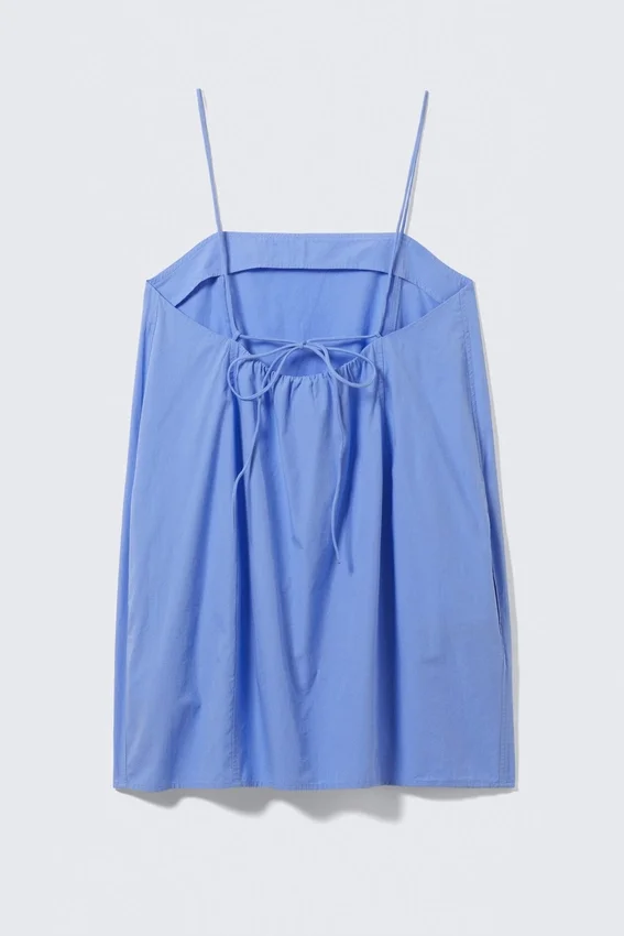Mini-Kleid aus Twill mit Bindebändern – Blau Mini-Kleid aus Twill mit Bindebändern – Blau