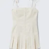 Mini-Kleid aus Twill mit Falten und Bindebändern – Hellbeige