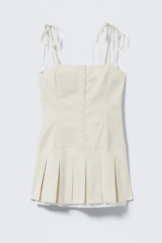 Mini-Kleid aus Twill mit Falten und Bindebändern – Hellbeige