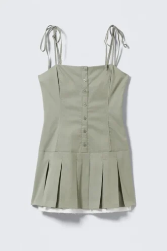 Mini-Kleid aus Twill mit Falten und Bindebändern – Hellkhaki-Grün