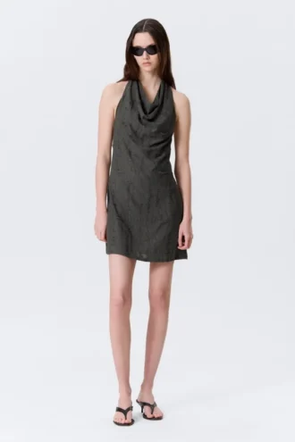 Mini-Kleid mit Jacquard-Halterausschnitt und Wasserfallkragen – Dunkelgrau