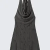 Mini-Kleid mit Jacquard-Halterausschnitt und Wasserfallkragen – Dunkelgrau