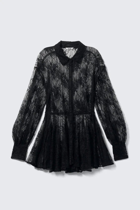 Mini-Spitzen-Hemd-Kleid – Schwarz Mini-Spitzen-Hemd-Kleid – Schwarz