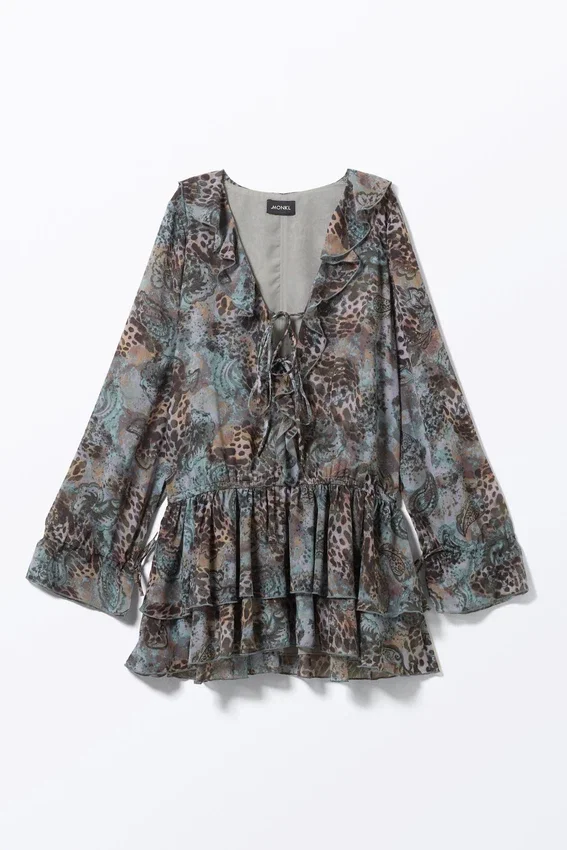 Minikleid mit Rüschen und V-Ausschnitt – Leoparden-Paisley-Muster Minikleid mit Rüschen und V-Ausschnitt – Leoparden-Paisley-Muster
