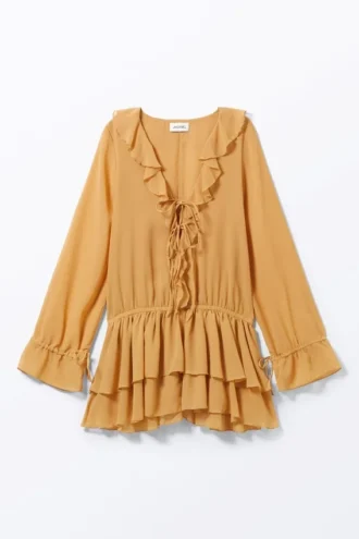 Minikleid mit Rüschen und V-Ausschnitt – Senfgelb