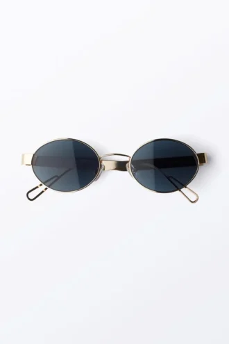 Minimalistische ovale Sonnenbrille aus Metall – Goldfarben – Dunkelblaue Gläser