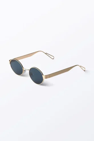 Minimalistische ovale Sonnenbrille aus Metall – Goldfarben – Dunkelblaue Gläser
