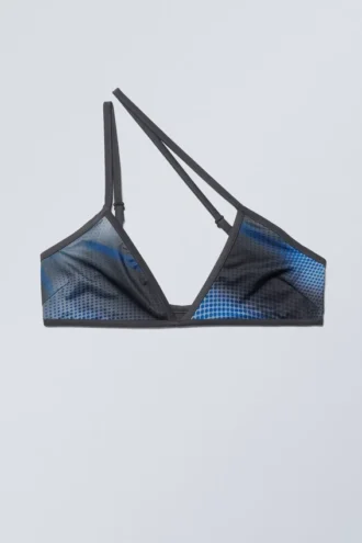 Minimalistisches, asymmetrisches Bikini-Oberteil mit Print – Speed Blue