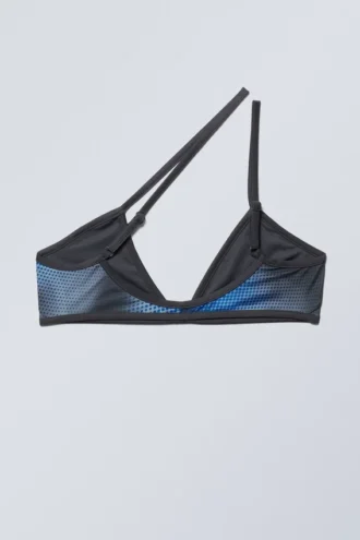 Minimalistisches, asymmetrisches Bikini-Oberteil mit Print – Speed Blue