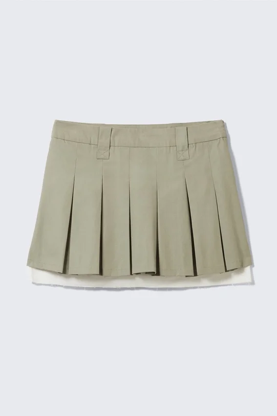 Minirock aus Twill mit Falten und mittlerer Leibhöhe – Khaki-Grün Minirock aus Twill mit Falten und mittlerer Leibhöhe – Khaki-Grün