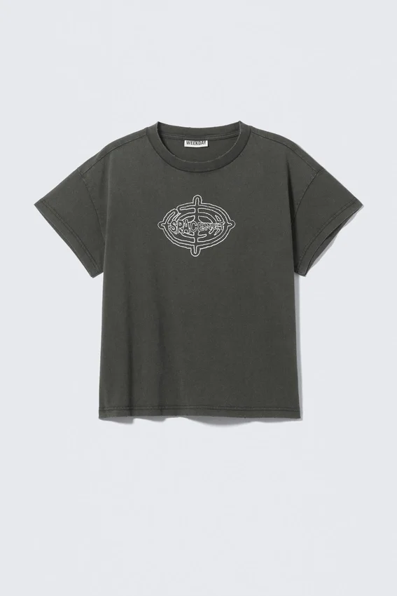 Mit Print, kastenförmiges Baumwoll-T-Shirt mit Flügelärmeln – Dunkelgrau – Spacenet Mit Print, kastenförmiges Baumwoll-T-Shirt mit Flügelärmeln – Dunkelgrau – Spacenet