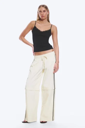 Nylon-Jogging-Hose mit abnehmbaren Beinen – Beige – Schwarze Streifen