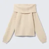 Off-Shoulder-Pullover aus geripptem Strick – Hellbeige Off-Shoulder-Pullover aus geripptem Strick – Hellbeige