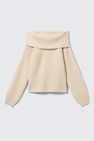 Off-Shoulder-Pullover aus geripptem Strick – Hellbeige