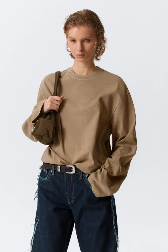Oversize-Langarmshirt – gewaschenes Dunkelbeige Oversize-Langarmshirt – gewaschenes Dunkelbeige