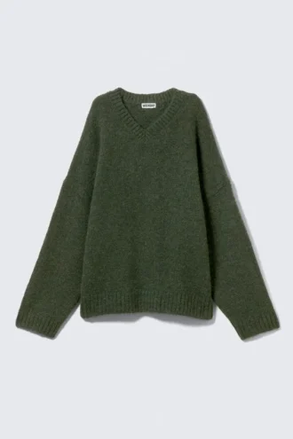Oversize-Pullover aus Wollmischung mit V-Ausschnitt – Dunkelgrün