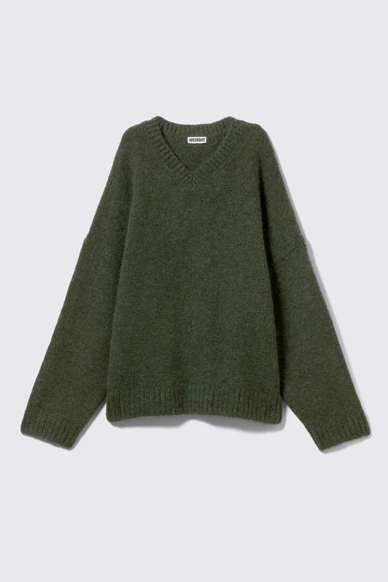 Oversize-Pullover aus Wollmischung mit V-Ausschnitt – Dunkelgrün Oversize-Pullover aus Wollmischung mit V-Ausschnitt – Dunkelgrün