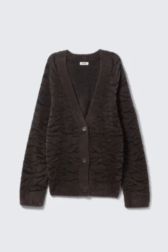Oversize-Strickjacke mit V-Ausschnitt – Dunkelbraunes Zebramuster