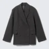 Oversized-Blazer aus Wollmischung mit Zweireiher-Schluss – Dunkelgrau – Fischgrätmuster