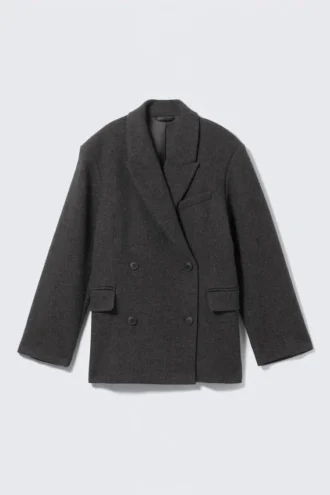 Oversized-Blazer aus Wollmischung mit Zweireiher-Schluss – Dunkelgrau – Fischgrätmuster